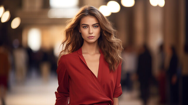Elegant beautiful model walking on catwalk runway posing for fashion show