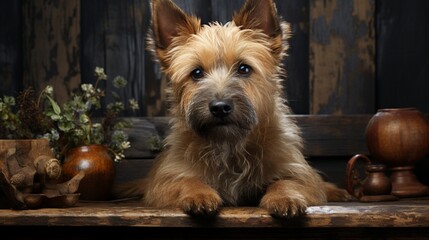 A Norwich Terrier striking a pose on a vintage, weathered wooden bench.