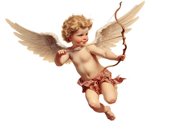 Fototapeta na wymiar cupid flying overhead shooting his arrow vintage illustration isolated on a transparent background, generative ai