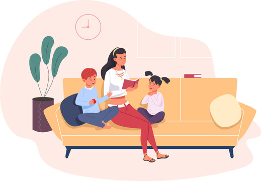 Nanny reading kids. Young mom or babysitter read book for children on cosy home sofa, parents babysitting child care service