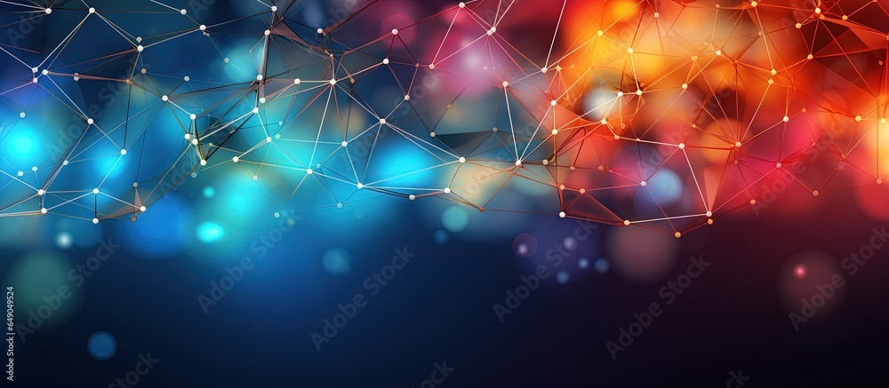 Poster a network with colorful polygonal shapes connected lines and dots with copyspace for text