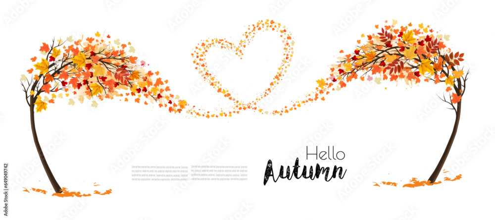 Poster Autumn natural background with trees and flying colorful leaves gathered in the form of a heart. Vector.