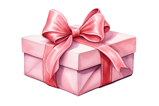 pink gift box with red ribbon bow vintage illustration isolated on a transparent background, generative ai