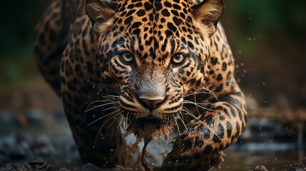 A powerful jaguar, its muscular form poised for a leap in the lush Costa Rican rainforest. - obrazy, fototapety, plakaty