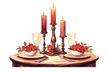 romantic candlelit dinner table set for two vintage illustration isolated on a transparent background, generative ai
