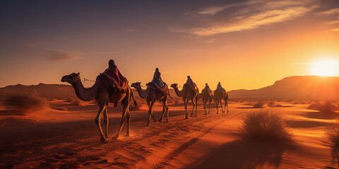 A caravan of camels crossing a desert, led by a Bedouin guide, sun setting in the background, warm hues, long shadows - obrazy, fototapety, plakaty
