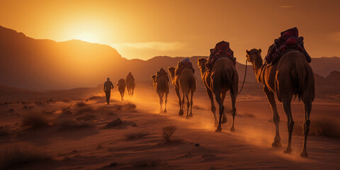 Fototapeta na wymiar A caravan of camels crossing a desert, led by a Bedouin guide, sun setting in the background, warm hues, long shadows