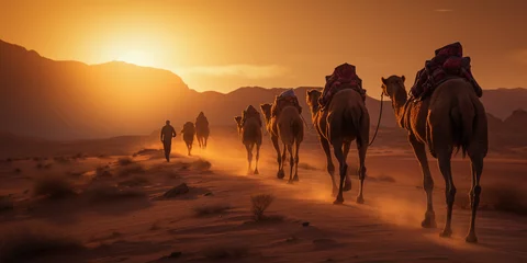 Rolgordijnen A caravan of camels crossing a desert, led by a Bedouin guide, sun setting in the background, warm hues, long shadows © Marco Attano