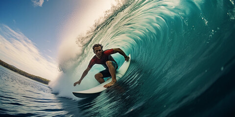 a surfboard, riding a wave, ocean spray, dynamic action shot