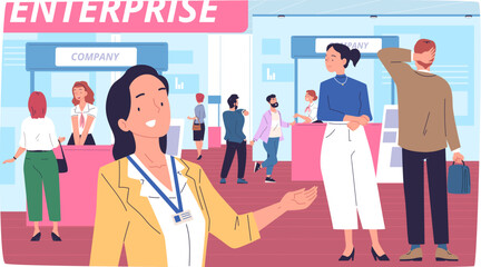 Business exhibition visitors. Customers visit expo center product tradeshow or job fair in corporate company, worker show booth with project information, classy vector illustration