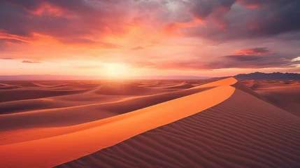 Foto op Plexiglas sprawling desert landscape at sunset, glowing orange and pink sky, cacti silhouettes in the foreground, sand dunes creating leading lines, dramatic shadows © Marco Attano