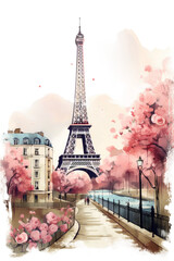 romantic paris cityscape with eiffel tower vintage illustration isolated on a transparent background, generative ai - obrazy, fototapety, plakaty