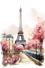 Zelfklevend Fotobehang romantic paris cityscape with eiffel tower vintage illustration isolated on a transparent background, generative ai © Perfect PNG
