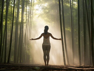 a woman in her 30s practicing a Tree Pose( Vrksasana) , bamboo forest setting, morning mist, lens flare from the sun breaking through