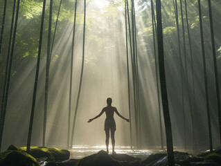 a woman in her 30s practicing a Tree Pose( Vrksasana) , bamboo forest setting, morning mist, lens flare from the sun breaking through