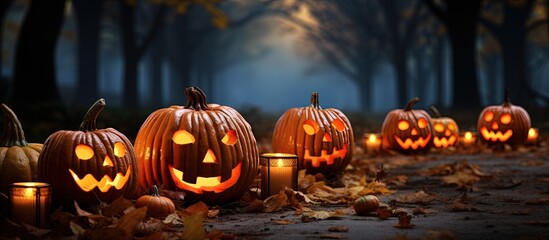 Cluster of Halloween pumpkins with candles in park on autumn night with copyspace for text