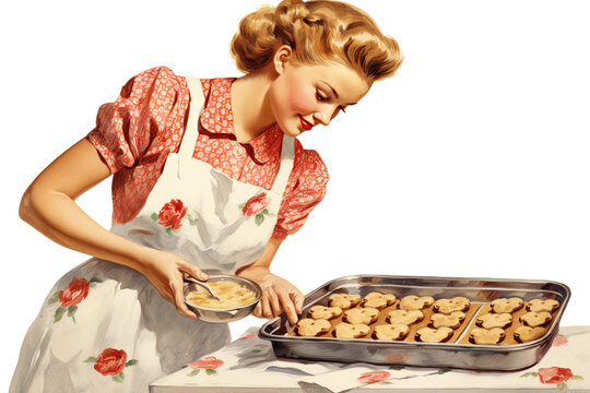 woman baking cookies vintage illustration isolated on a transparent background, generative ai