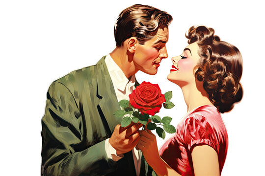woman smelling bouquet of red roses from man vintage illustration isolated on a transparent background, generative ai