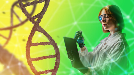 Geneticist woman. DNA spiral near doctor. Geneticist with test tube. Study of genetic data....