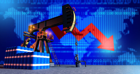 Oil background. Barrels near oil pump. Crisis of fuel industry. Down arrow is metaphor for decline...
