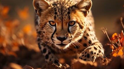 A stealthy cheetah in mid-pounce, its spotted fur glistening in the African savannah.