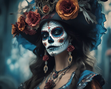 Photo portrait of a an insanely beautiful dia de muertos mexican catrina