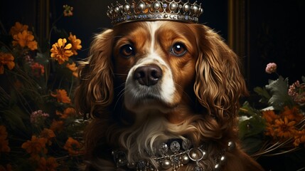 A whimsical image of a Ruby Cavalier King Charles Spaniel adorned with a dainty crown of daisies, exuding charm and elegance.