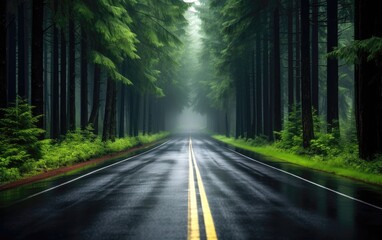 Fototapeta premium A straight road in the middle in rainy day with trees on both sides. Generative AI