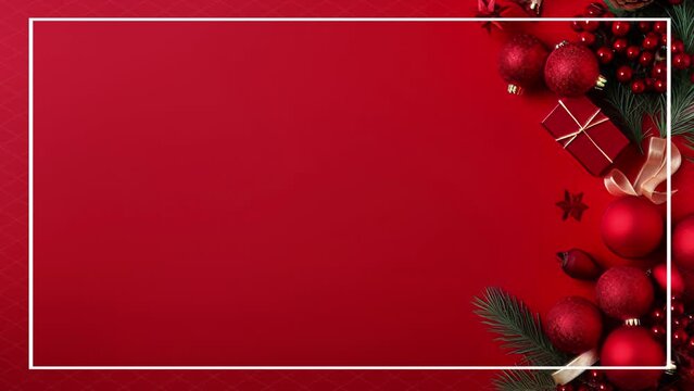 Christmas banner with blank space for text, red background, gifts, fir tree branches, red ornaments