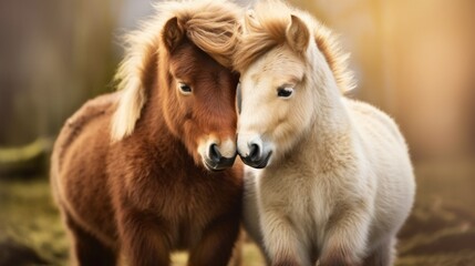 Miniature horses in a heartwarming embrace, showcasing their affectionate nature. - obrazy, fototapety, plakaty