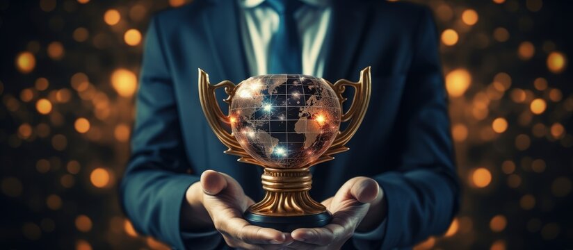 Business success through achievements aiming for goals holding a trophy symbolizing leadership and digital marketing success with copyspace for text
