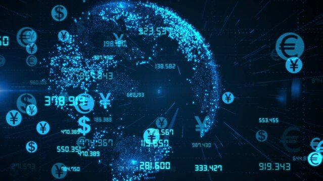 Global currencies exchange on abstract digital world map background. Stock market investment and trading concept. Transfer money technology and CBDC payments worldwide. Online banking account