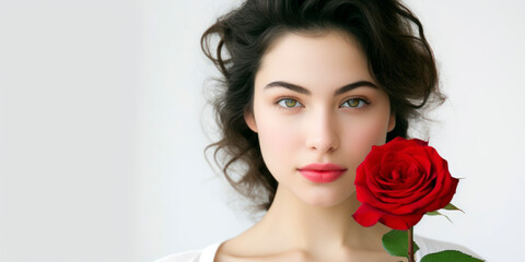 Young woman with a contemplative expression, holding a bright red rose on a white background.
