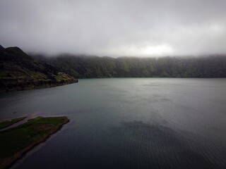Aerial view of Sete Cidades area by foggy morning, Sao Miguel, Azores