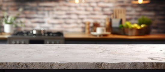 Fototapeta premium Blurred kitchen background with stone tabletop