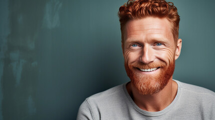 Red hair handsome man with a gray sweater. Banner for ad, copy space