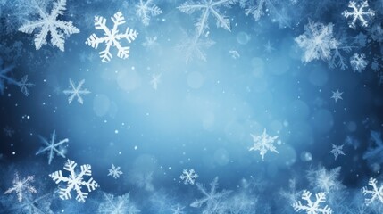 Fototapeta na wymiar Winter blue background Christmas made of snowflake and snow with blank copy space for your text.