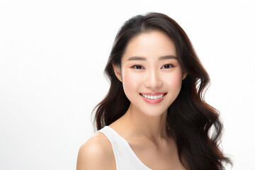 Close up asian woman with perfect straight hollywood white teeth smile