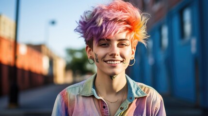 An LGBTQ+ activist, Charlie fights tirelessly for gender equality and queer rights. Their short, vibrant, rainbowcolored hair and piercing blue eyes signify their dynamic personality and - obrazy, fototapety, plakaty