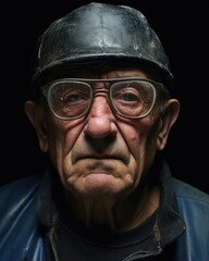 An elderly man, his skin deeply etched from years toiling in a factory. He wears a cap and his steelrimmed glasses reflect the passion in his eyes as he fights for safer working conditions.