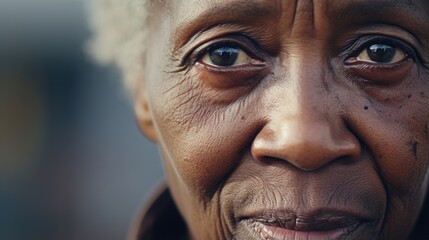 An elderly African American woman with a lined and weathered face. Her graying hair and piercing gaze bespeak a lifetime spent battling racial prejudice and her unwavering resolve in the
