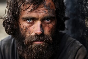Obraz premium A bearded man in his late twenties, with skin as dark as obsidian. His eyes are filled with a rebellious spirit, his face showing traces of fatigue from the unrest, but passion nonetheless.