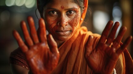 An Indian textile worker, her hennaadorned hands spinning organic threads. Her face displays chagrin as climate change threatens cotton crops, and her emotional resilience fuels her commitment