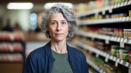 A public health official tirelessly advocating for better nutrition labels on packaged foods to ensure consumers make healthier choices. Her face has a resilient yet weary look, underlining - obrazy, fototapety, plakaty