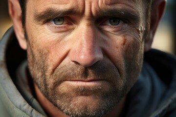 Fototapeta premium A middleaged father who has felt the devastating grief of losing a child to a stray bullet. His once jovial eyes are now dull and distant. In spite of his despair, he channels his pain,