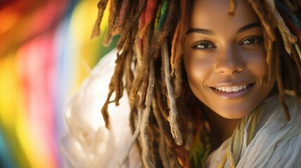 A panual woman, her dreadlocks cascading over a multicolored dress, advocates for universal love and acceptance, regardless of ual orientation. The light in her eyes reflects the encompassing