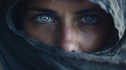 Fototapeta premium A woman in her forties, displaying a tough but gentle bearing, her eyes sparkling with vitality despite the tragedy suffered. Armed with resilience, her grit portrays the strength inherent