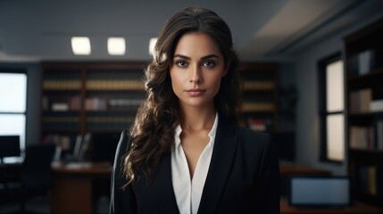 Fototapeta premium A woman in her professional attire, her sharp eyes show her efficiency. She is a prominent lawyer fighting legal battles for hate crime victims, working tirelessly to seek justice.