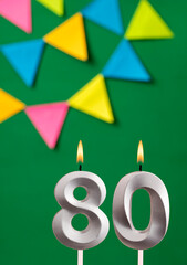 Candle number 80 birthday - Green anniversary card with pennants