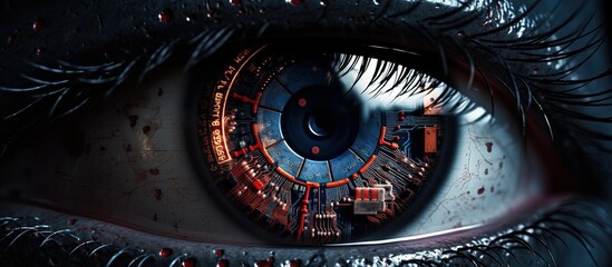 Closeup of robotic eye with cybernetic signs with copyspace for text - obrazy, fototapety, plakaty